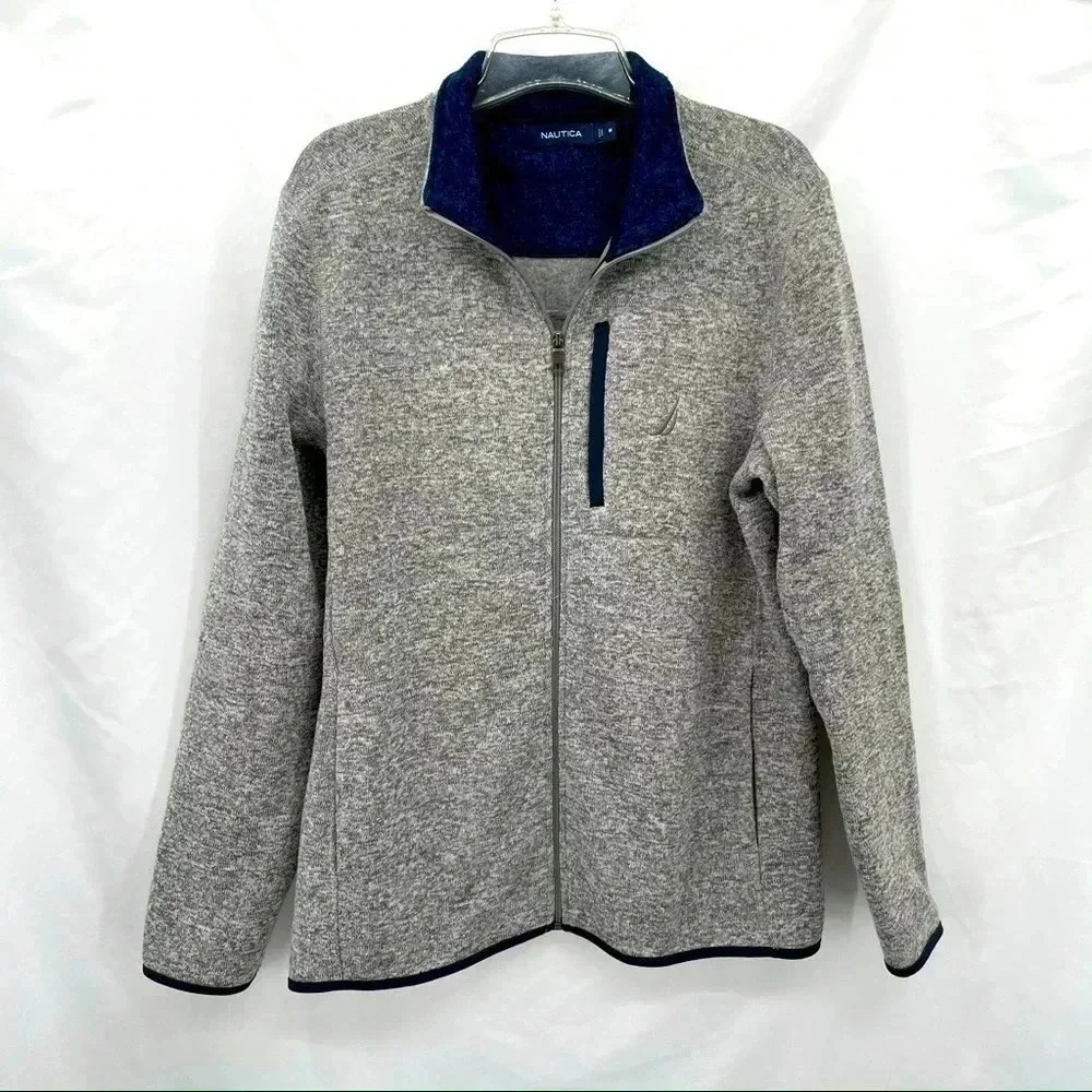 Nautica Men’s Gray Knit Jacket Medium Full Zip Closure Pockets